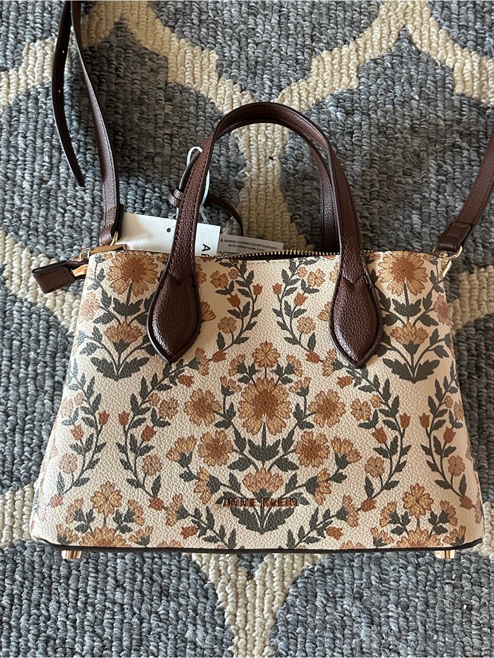 Anne Klein Cream Floral Top-Handle Satchel with Brown Trim - Picture 6 of 6